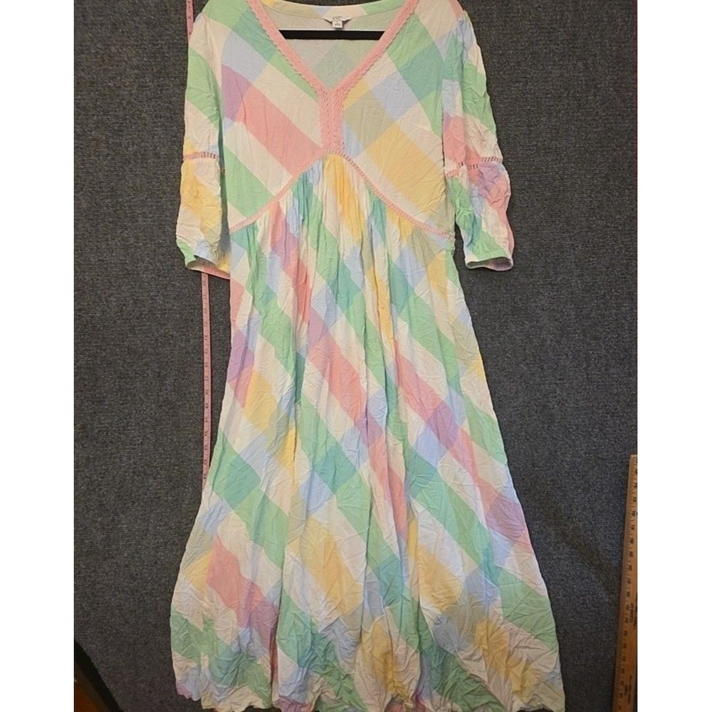 Crown & Ivy Dress Womens L Multicolor Plaid V Neck 3/4 Puff Sleeve Maxi